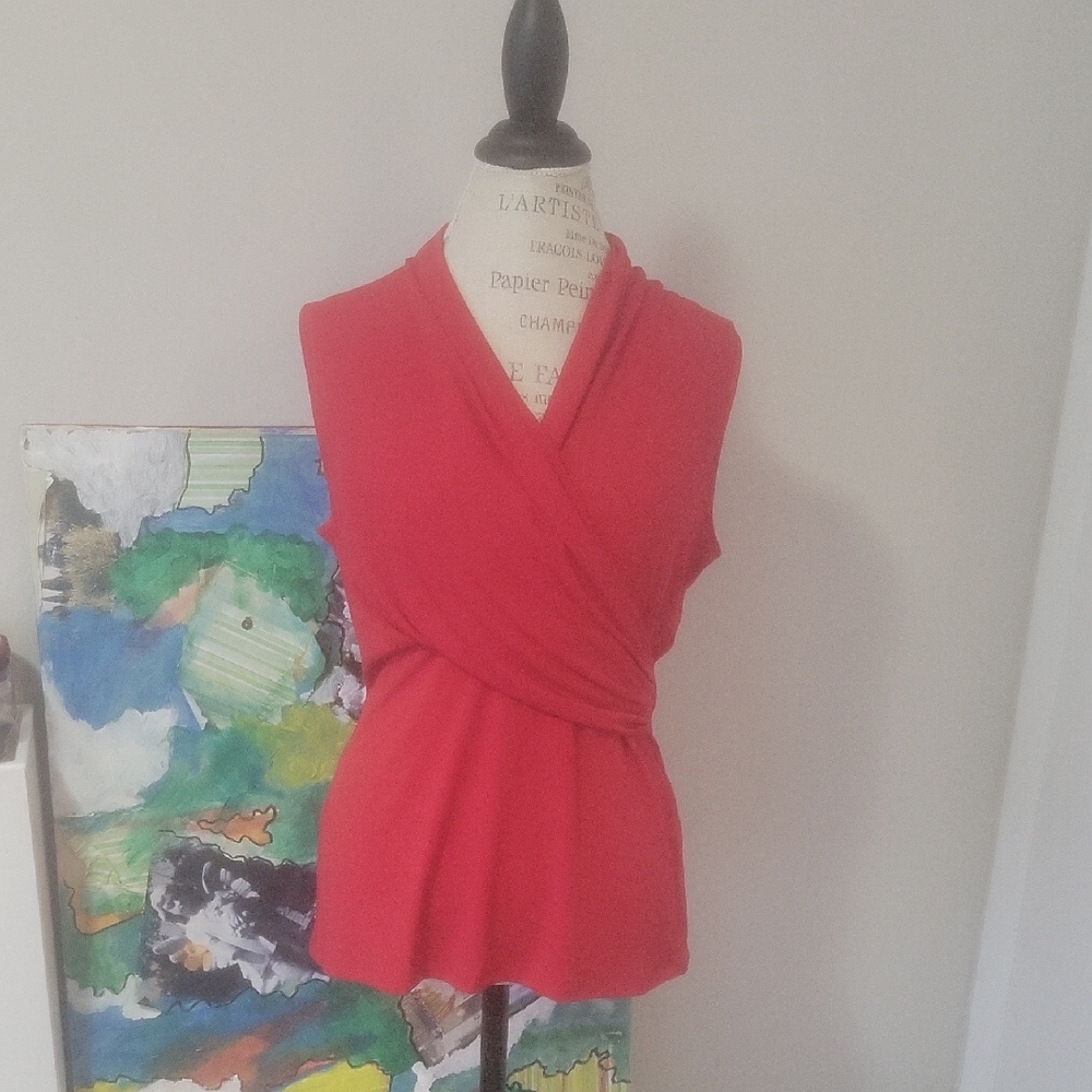 DKNY Sleeveless Faux-Wrap Red Blouse